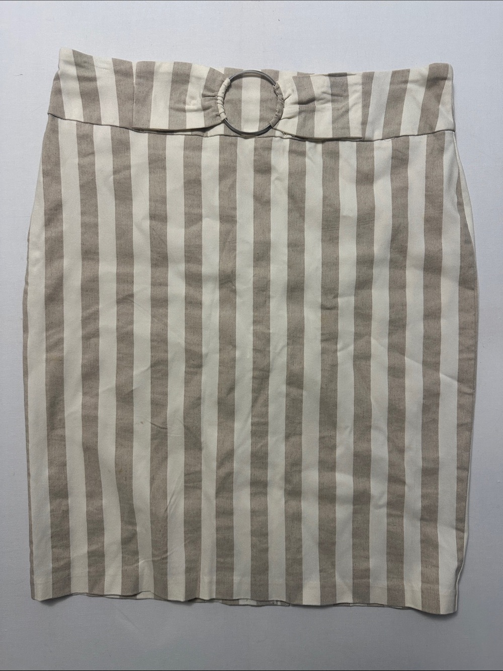 Soho Apparel Beige and White Striped Pencil Skirt with Ring Detail- stretch